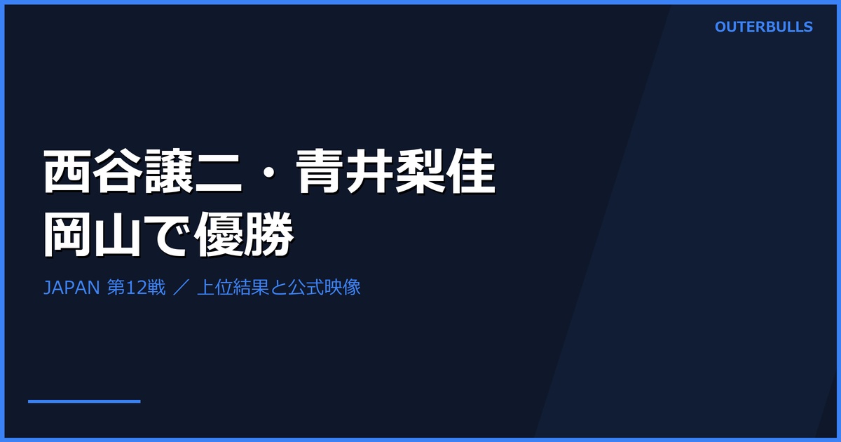 JAPAN第12戦岡山は西谷譲二・青井梨佳が優勝｜上位結果と公式映像