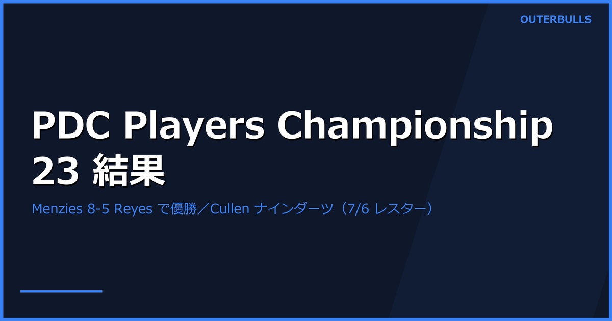 PDC Players Championship 23 結果｜Cameron Menzies が Cristo Reyes を 8-5 で下し2026年初優勝、World Matchplay 出場権確定。Joe Cullen は敗戦の一戦でナインダーツ