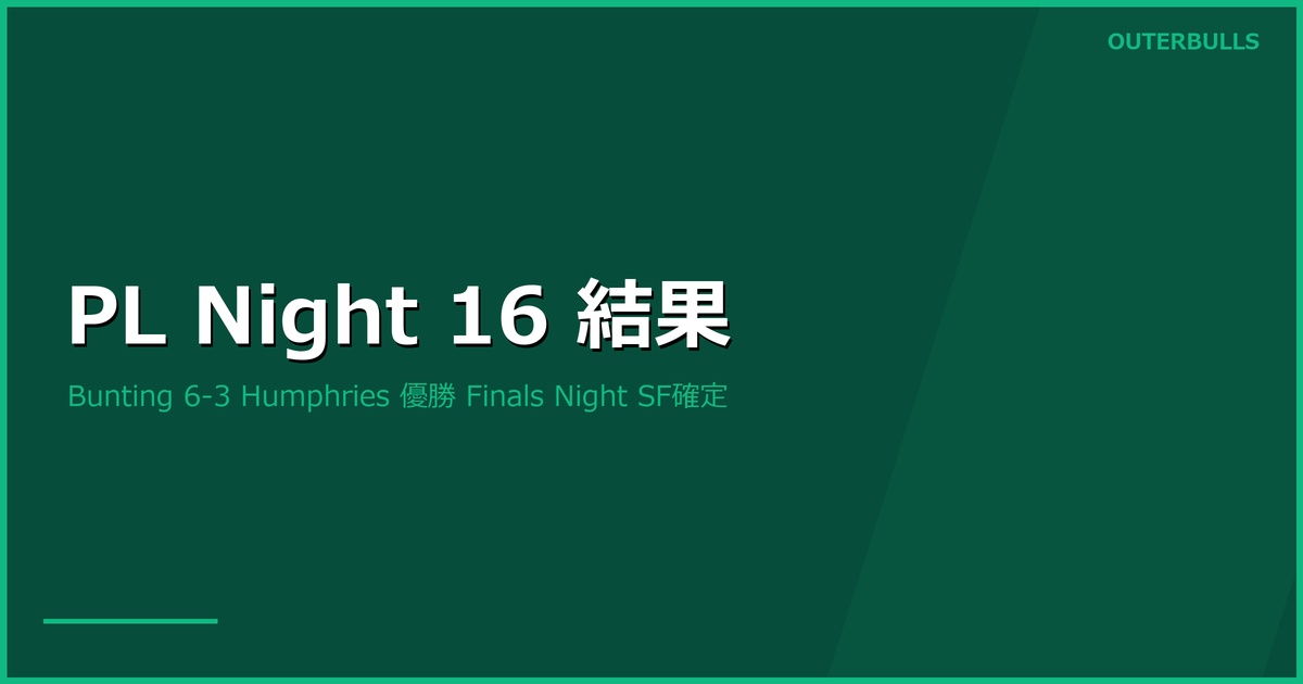 Premier League Darts Night 16 結果｜Bunting が決勝 6-3 で Humphries を下し優勝、Finals Night（5/28 O2）SF は Littler-Price と Clayton-Humphries に確定（5/21 Sheffield）