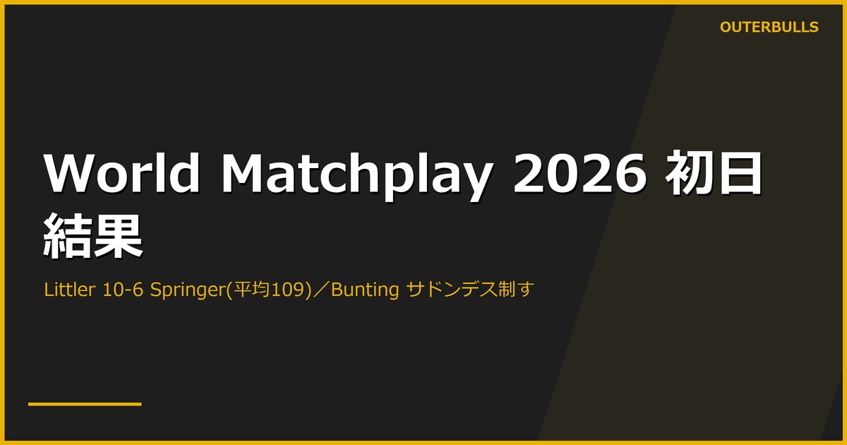 World Matchplay 2026 初日結果｜前回王者 Luke Littler が平均109で Springer を 10-6、Bunting はサドンデスの死闘を制す。Aspinall・Rock も1回戦突破