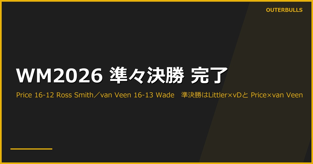 World Matchplay 2026 準々決勝が完了、準決勝の顔ぶれ決定｜Gerwyn Price が Ross Smith を 16-12、Gian van Veen が James Wade を 16-13 で破る。準決勝は Littler×van Duijvenbode／Price×van Veen