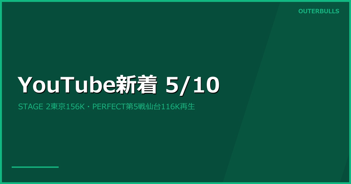 【YouTube新着】JAPAN STAGE 2東京LIVE中継156K再生、PERFECT第5戦仙台計116K、Reyes 9ダーツほか（5/10）